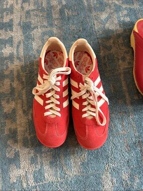 adidas Red Suede Sneakers with White Stripes